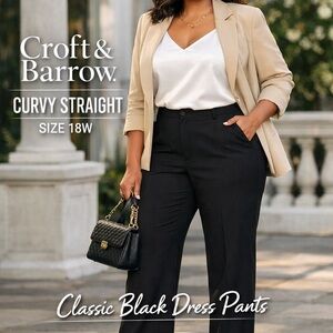 NWT Croft & Barrow 18W Black Curvy Straight Dress Pants Mid Rise